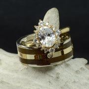 Gold Oval Moissanite Halo Ring & Petrified Wood, Diamonds