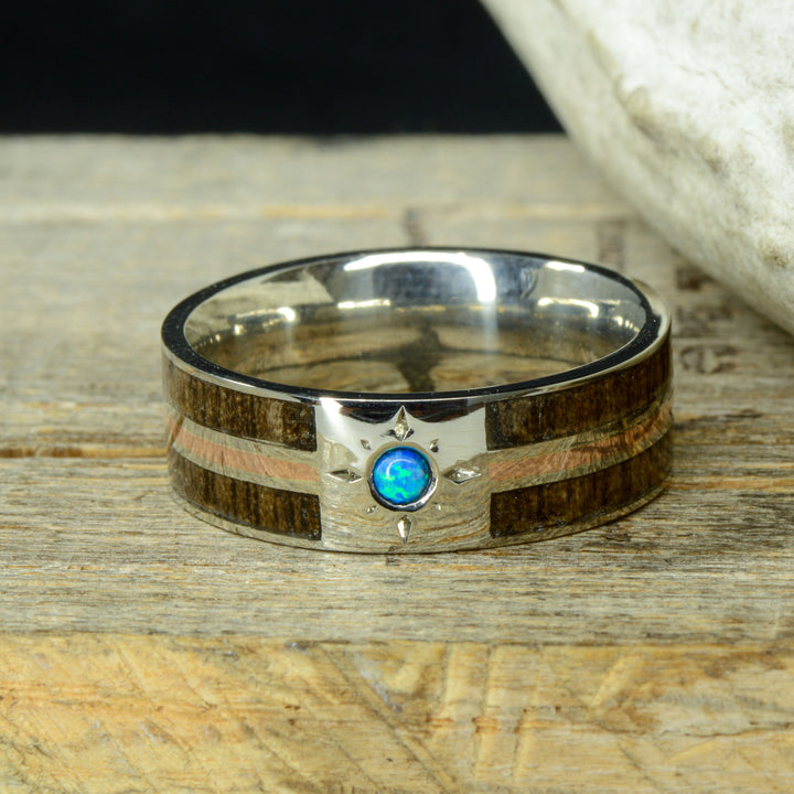 Walnut Wood with Rose Gold Inlay, & Blue Opal with Compass Engraving