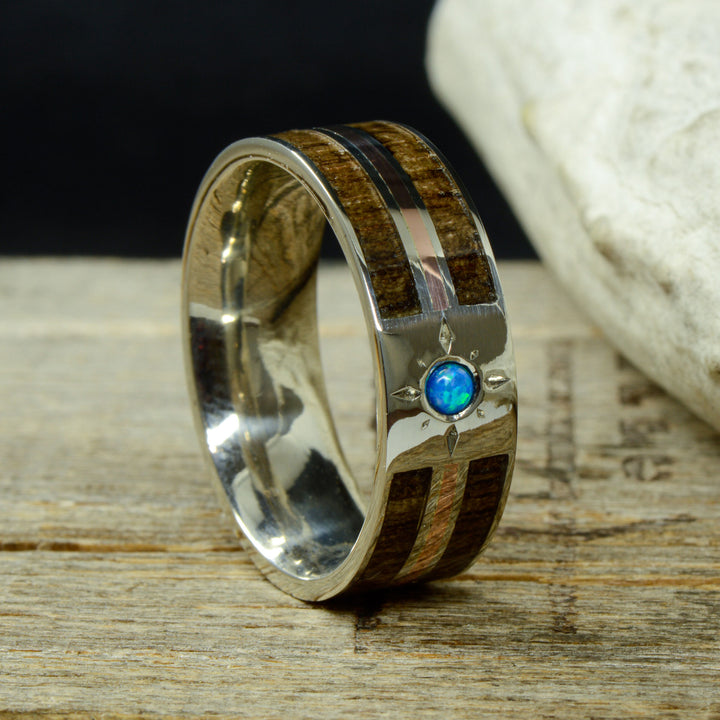 Walnut Wood with Rose Gold Inlay, & Blue Opal with Compass Engraving