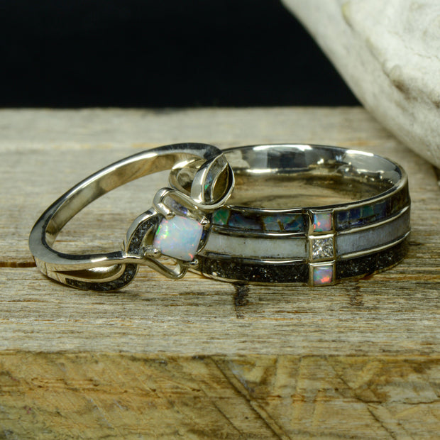 Opal Solitaire, Diamonds, Abalone Shell, Antler, & Meteorite Inlays