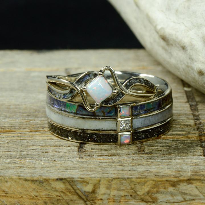 Opal Solitaire, Diamonds, Abalone Shell, Antler, & Meteorite Inlays