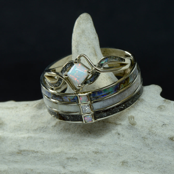 Opal Solitaire, Diamonds, Abalone Shell, Antler, & Meteorite Inlays