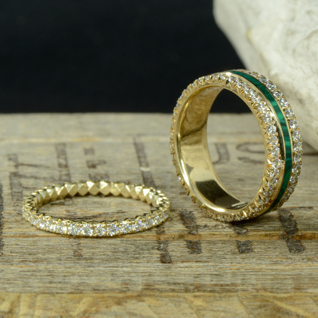 French Cut Rings, with Diamonds, & Malachite