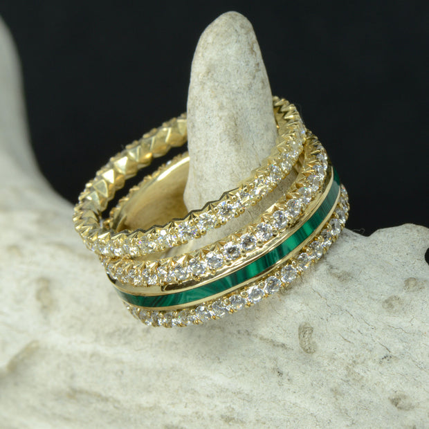 French Cut Rings, with Diamonds, & Malachite