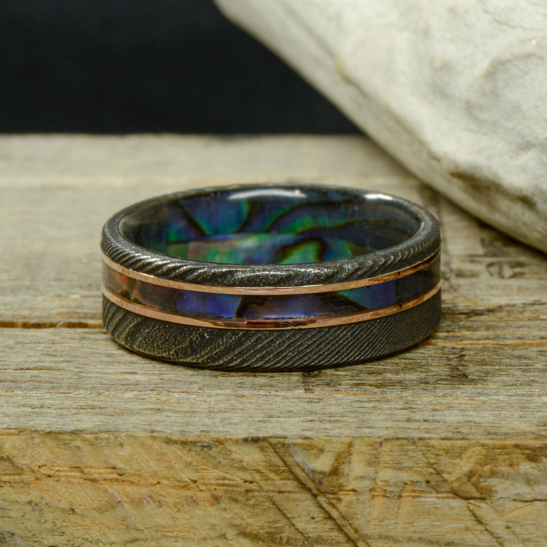 Dark Damascus Steel, Rose Gold Pinstripes, Offset Abalone Shell & Abalone Sleeve