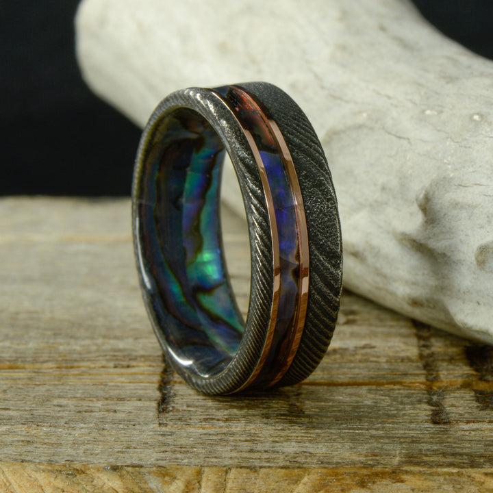 Dark Damascus Steel, Rose Gold Pinstripes, Offset Abalone Shell & Abalone Sleeve