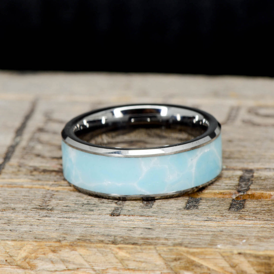 Larimar Stone Inlay in Tungsten or Ceramic Channel