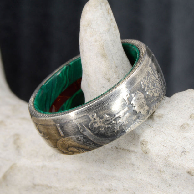 Silver Half Dollar Coin Ring with Malachite and Jasper Sleeve