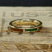 Gold Wedding Band with Emerald & Koa Wood Inlays