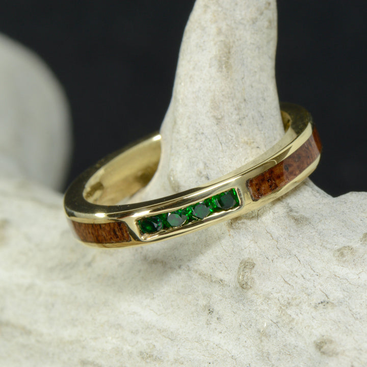 Gold Wedding Band with Emerald & Koa Wood Inlays