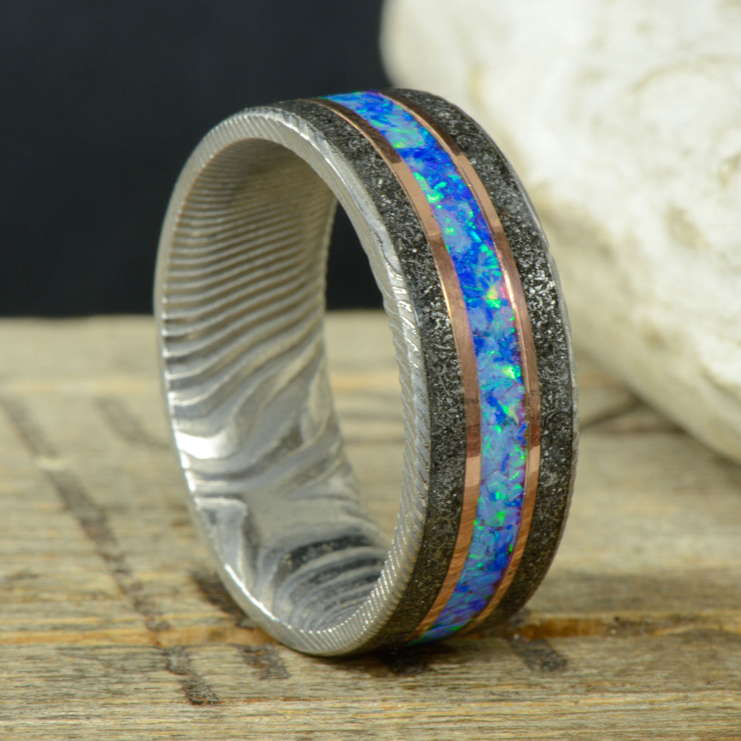 Polished Damascus Steel, Rose Gold, Meteorite, & Blue Opal