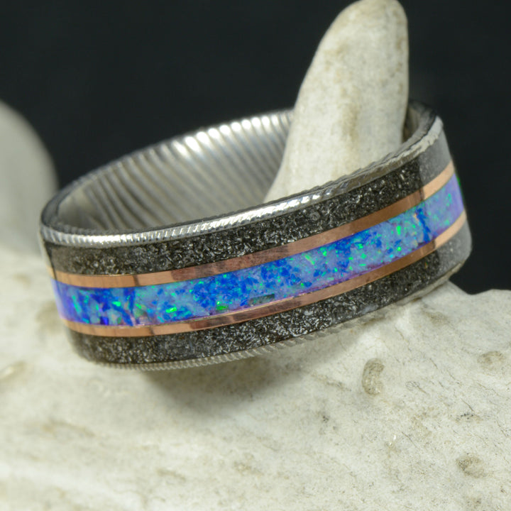 Polished Damascus Steel, Rose Gold, Meteorite, & Blue Opal