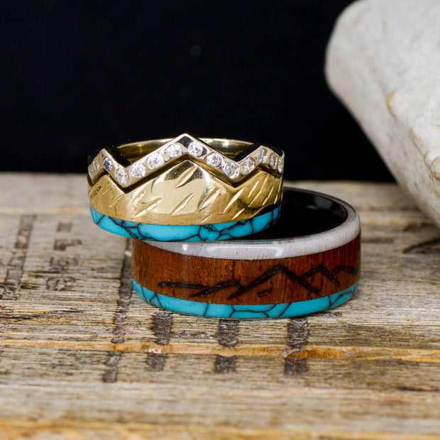 Rosewood, Antler, Turquoise, Diamonds, & Gold with Engraved Mountains