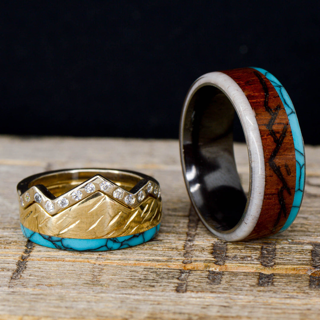 Rosewood, Antler, Turquoise, Diamonds, Gold, "Engraved Mountains"