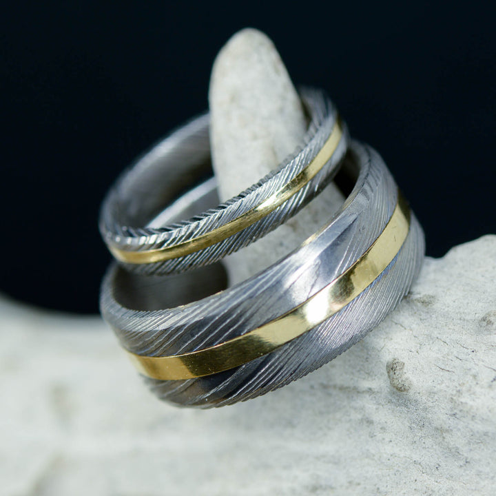 Polished Damascus Steel, Yellow Gold Inlay