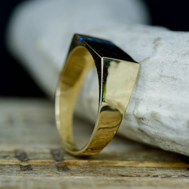 Gold Signet Ring with Offset Blue & Red Opal Inlays