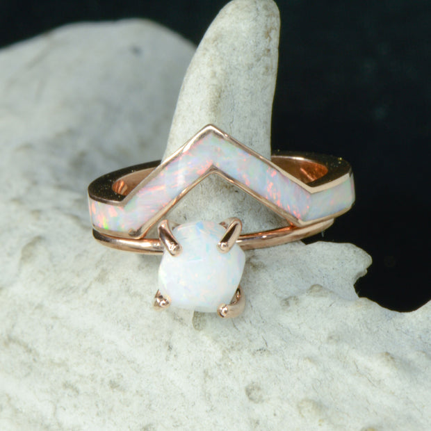 Rough Cut White Opal Solitaire Ring with Gold or Silver and Opal V-Ring