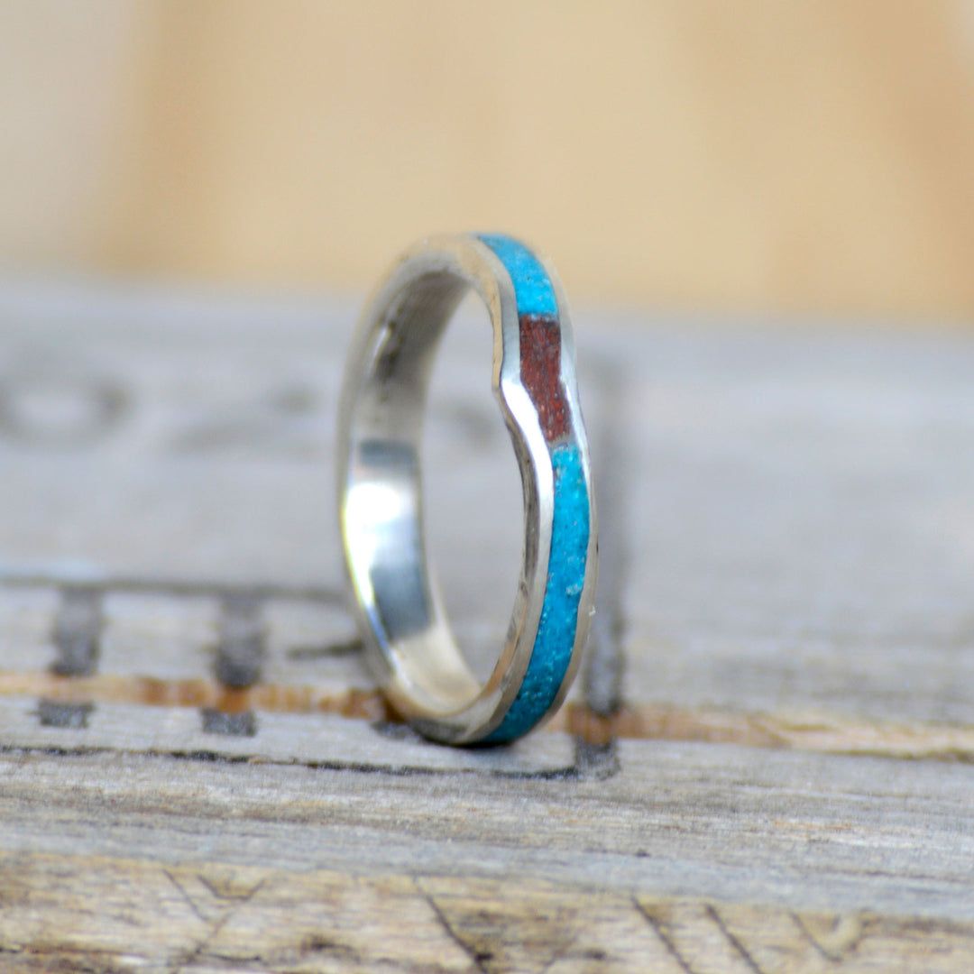 Gold or Silver V-Ring with Turquoise & Red Opal