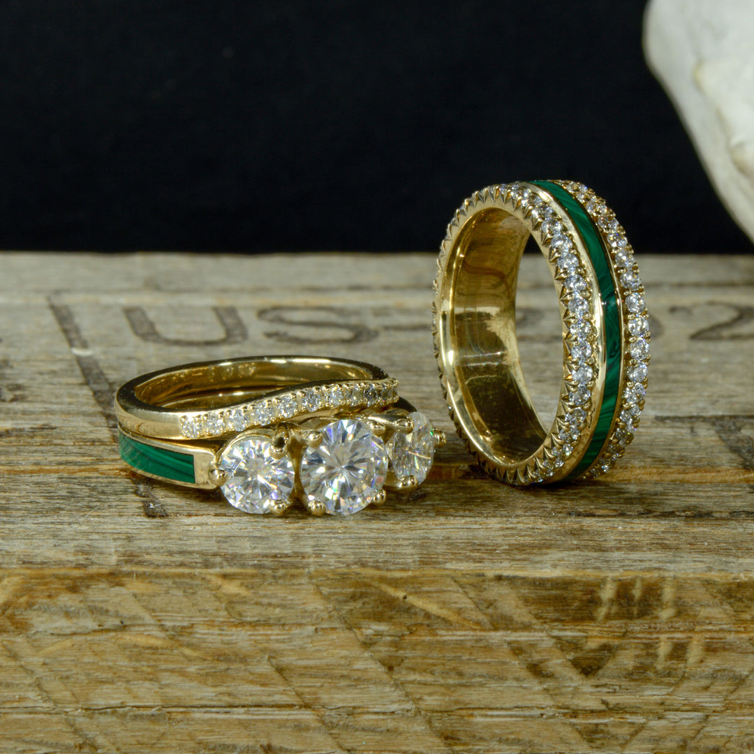 Three Diamond Ring & French Cut Band, with Diamonds, Malachite