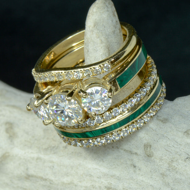 Three Moissanite Ring & French Cut Band, with Diamonds, & Malachite