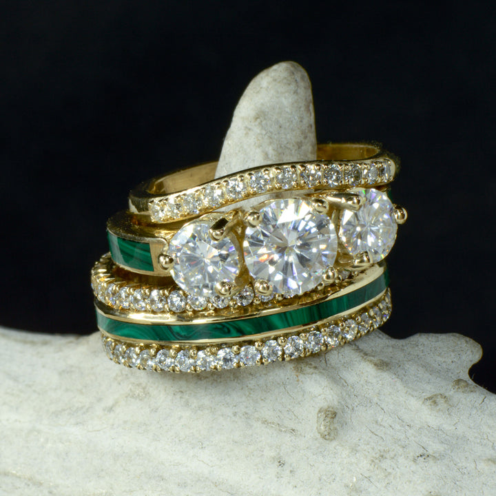 Three Diamond Ring & French Cut Band, with Diamonds, Malachite