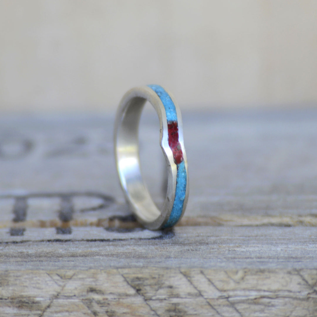 Gold or Silver V-Ring with Turquoise & Red Opal