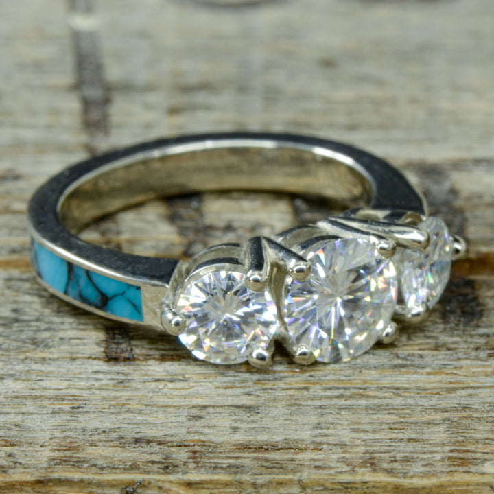 White Gold, 3 Diamonds, Turquoise, Stacking Band