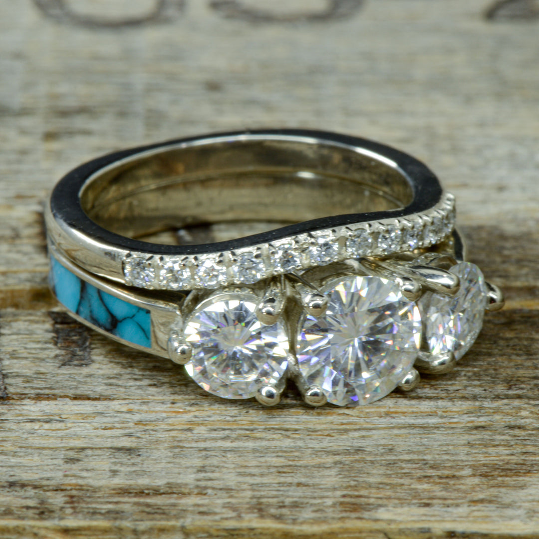 White Gold, 3 Diamonds, Turquoise, Stacking Band