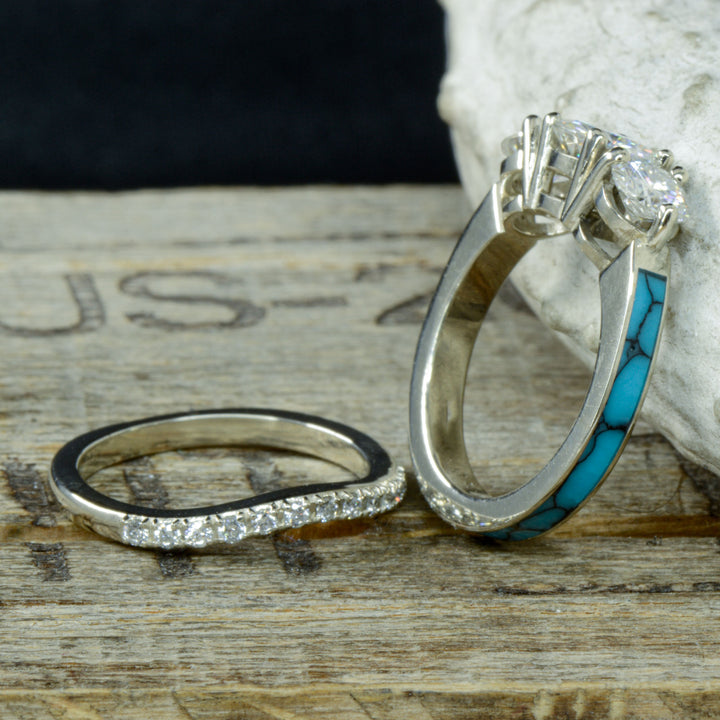 White Gold, 3 Diamonds, Turquoise, Stacking Band