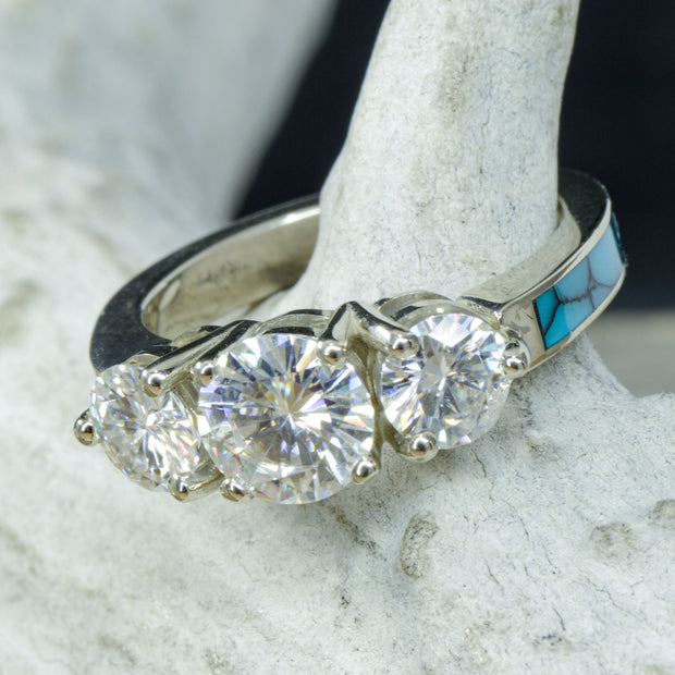 Gold 3 Moissanite Ring with Turquoise Band