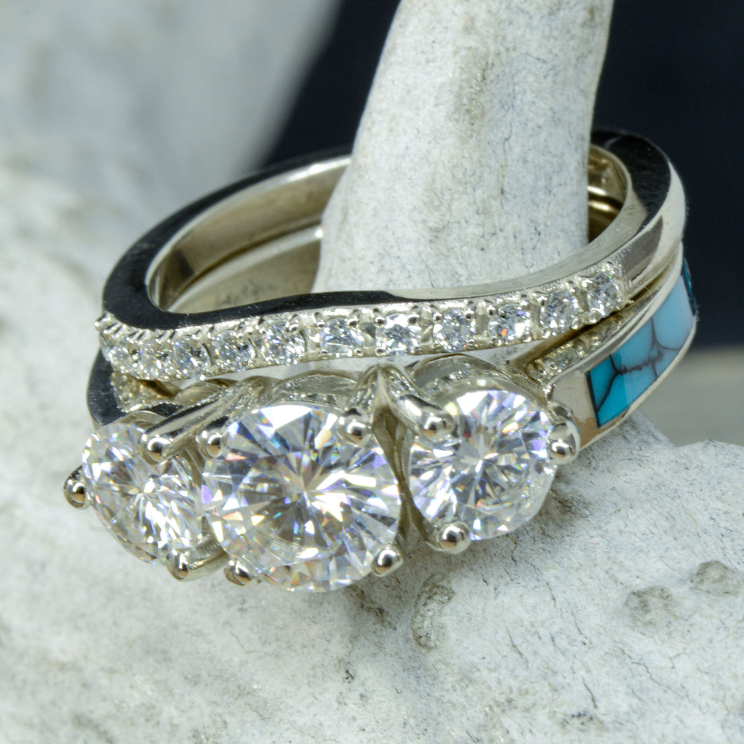 White Gold, 3 Diamonds, Turquoise, Stacking Band