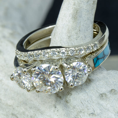 Gold, 3 Moissanites, Turquoise with Stacking Band