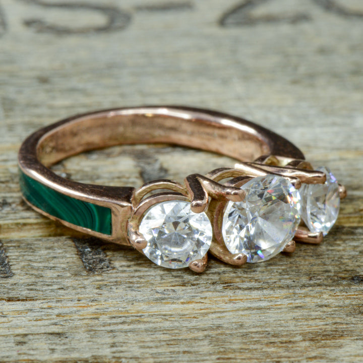 Rose Gold, 3 Diamonds, Malachite, Stacking Band