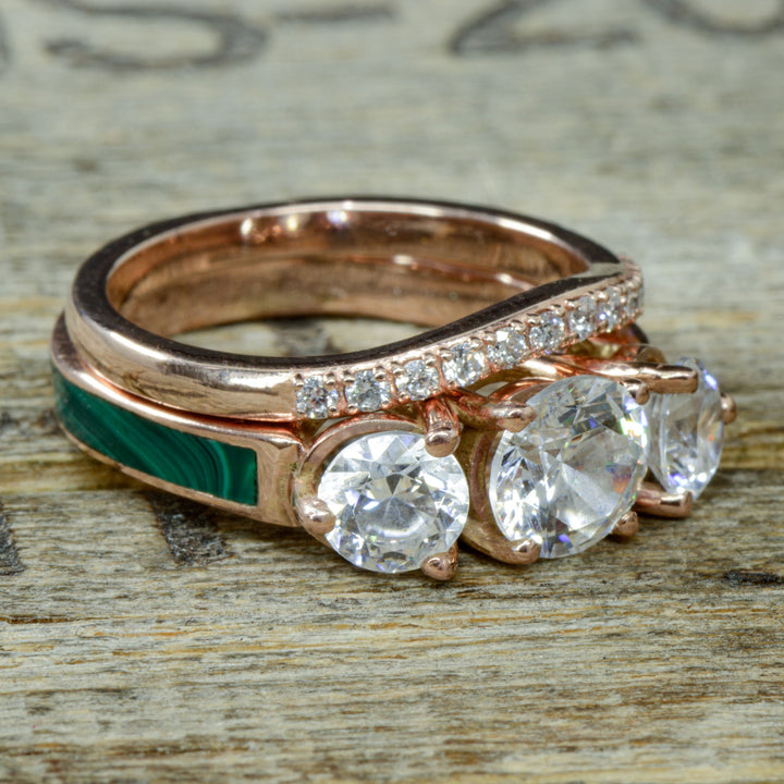 Rose Gold, 3 Diamonds, Malachite, Stacking Band