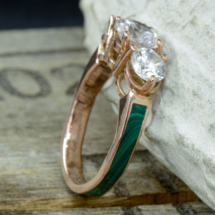 Rose Gold, 3 Diamonds, Malachite, Stacking Band