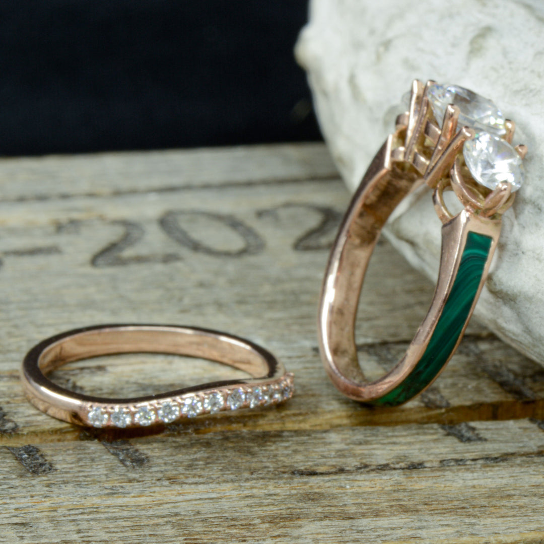 Rose Gold, 3 Diamonds, Malachite, Stacking Band