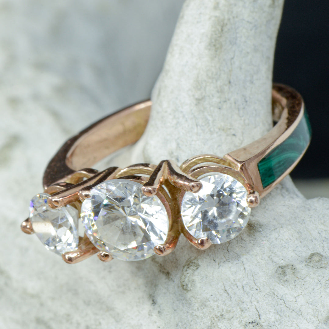 Rose Gold, 3 Diamonds, Malachite, Stacking Band