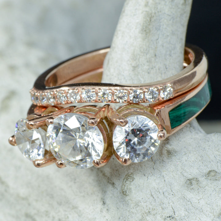 Rose Gold, 3 Diamonds, Malachite, Stacking Band