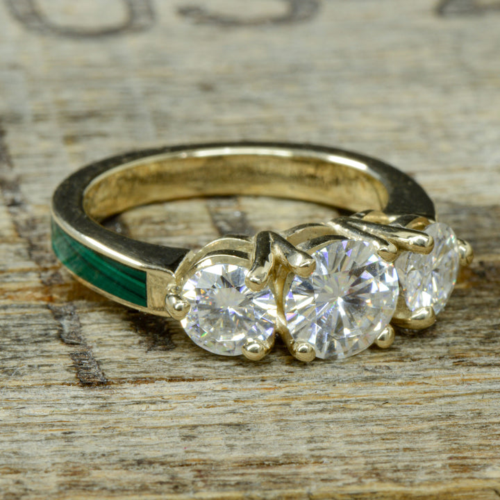 Yellow Gold, 3 Diamonds, Malachite, Stacking Band