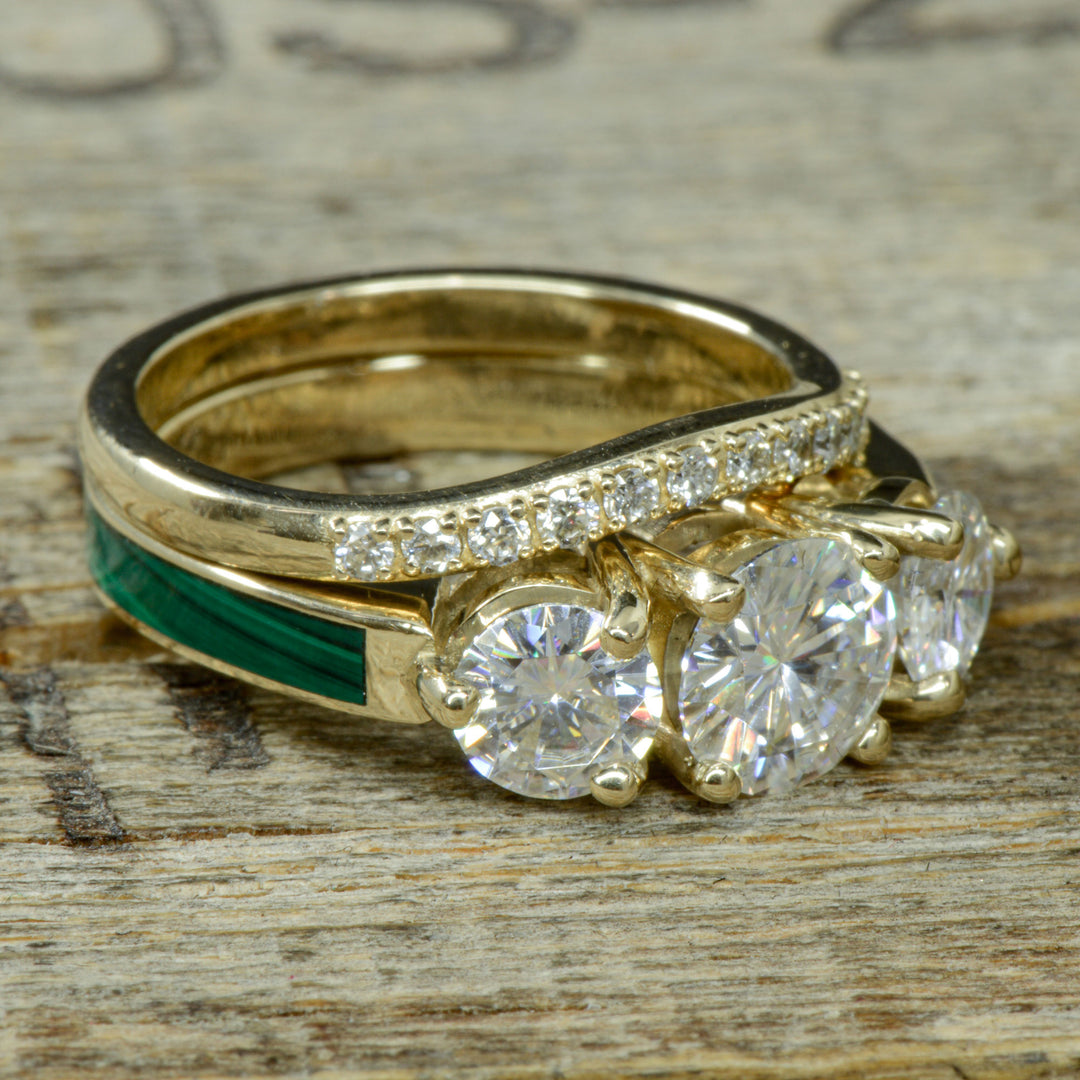 Yellow Gold, 3 Diamonds, Malachite, Stacking Band