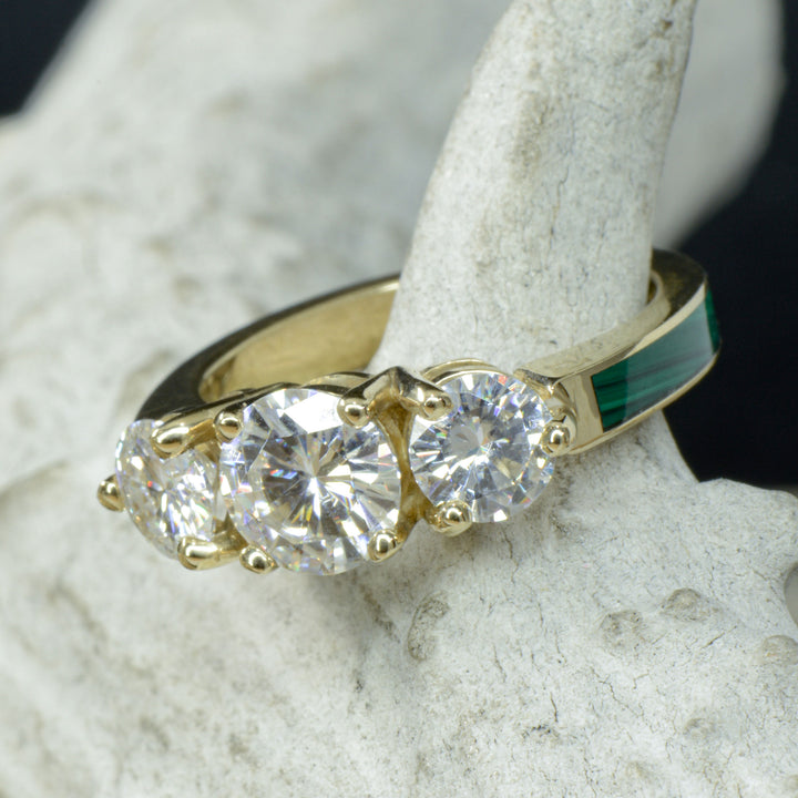 Yellow Gold, 3 Diamonds, Malachite, Stacking Band