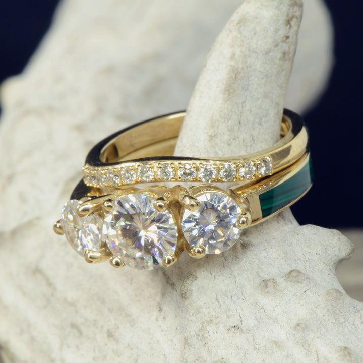 Yellow Gold, 3 Diamonds, Malachite, Stacking Band