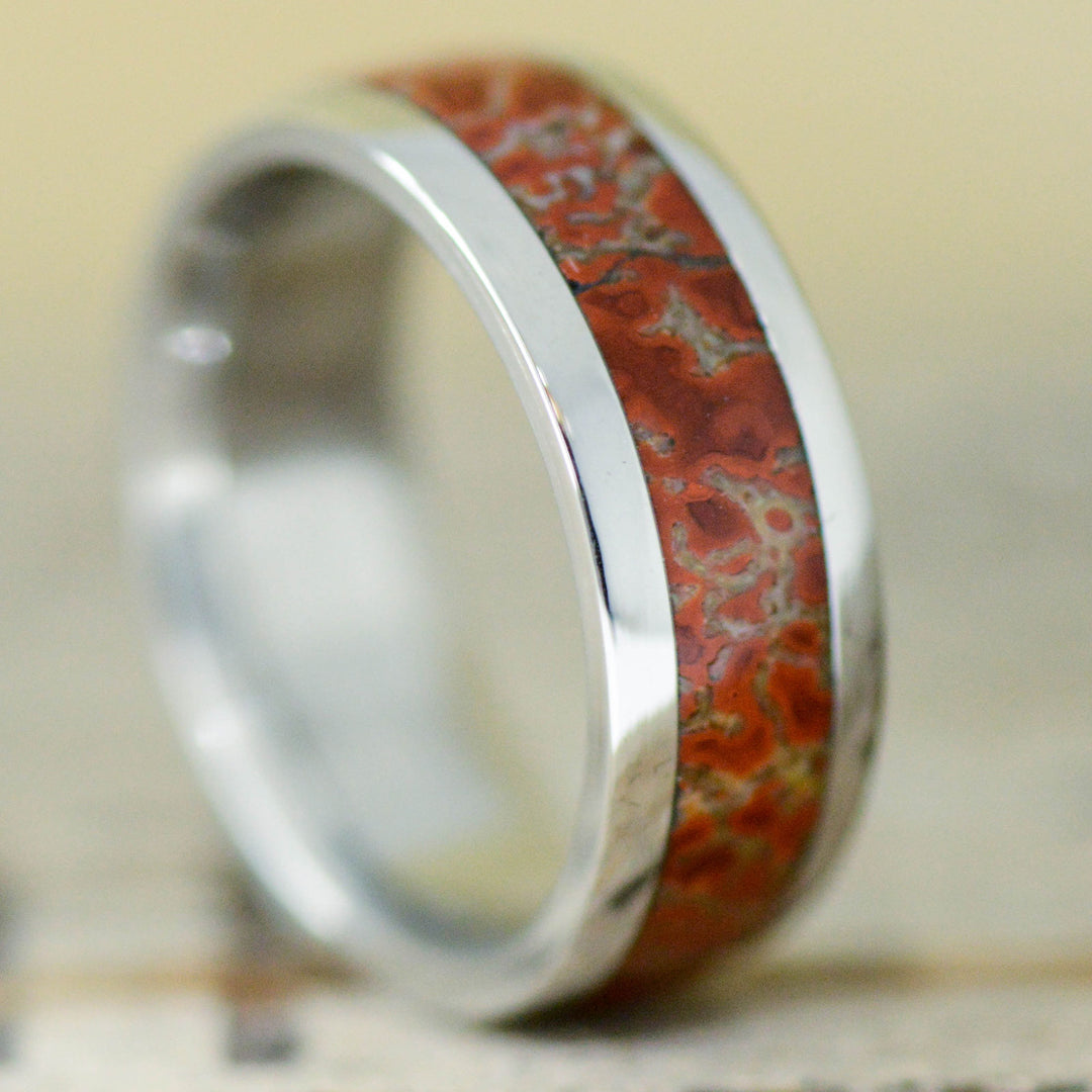 Fossilized Red Dinosaur Bone Channel Ring