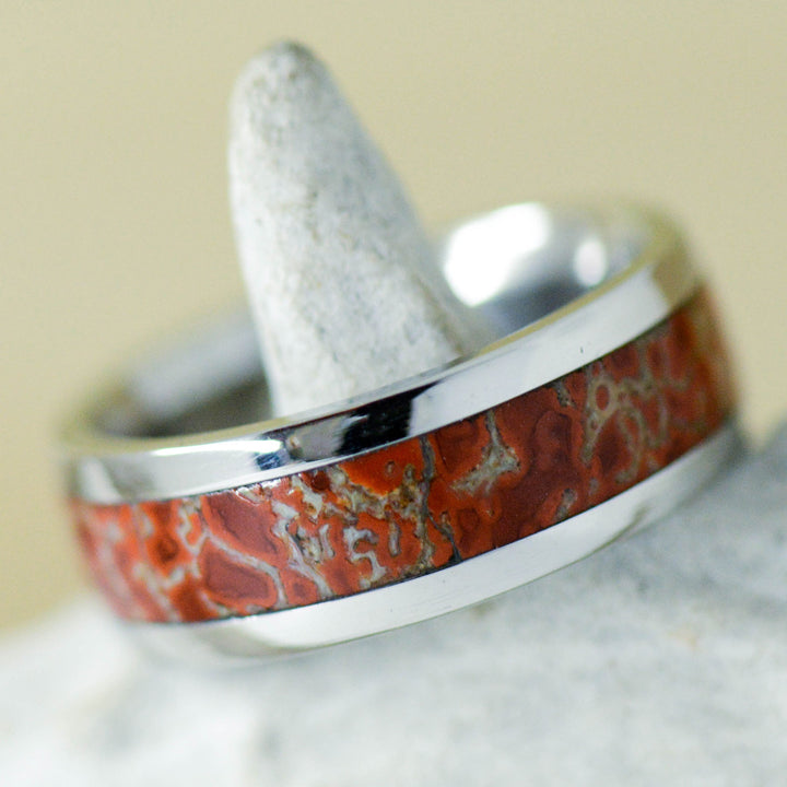 Fossilized Red Dinosaur Bone Channel Ring