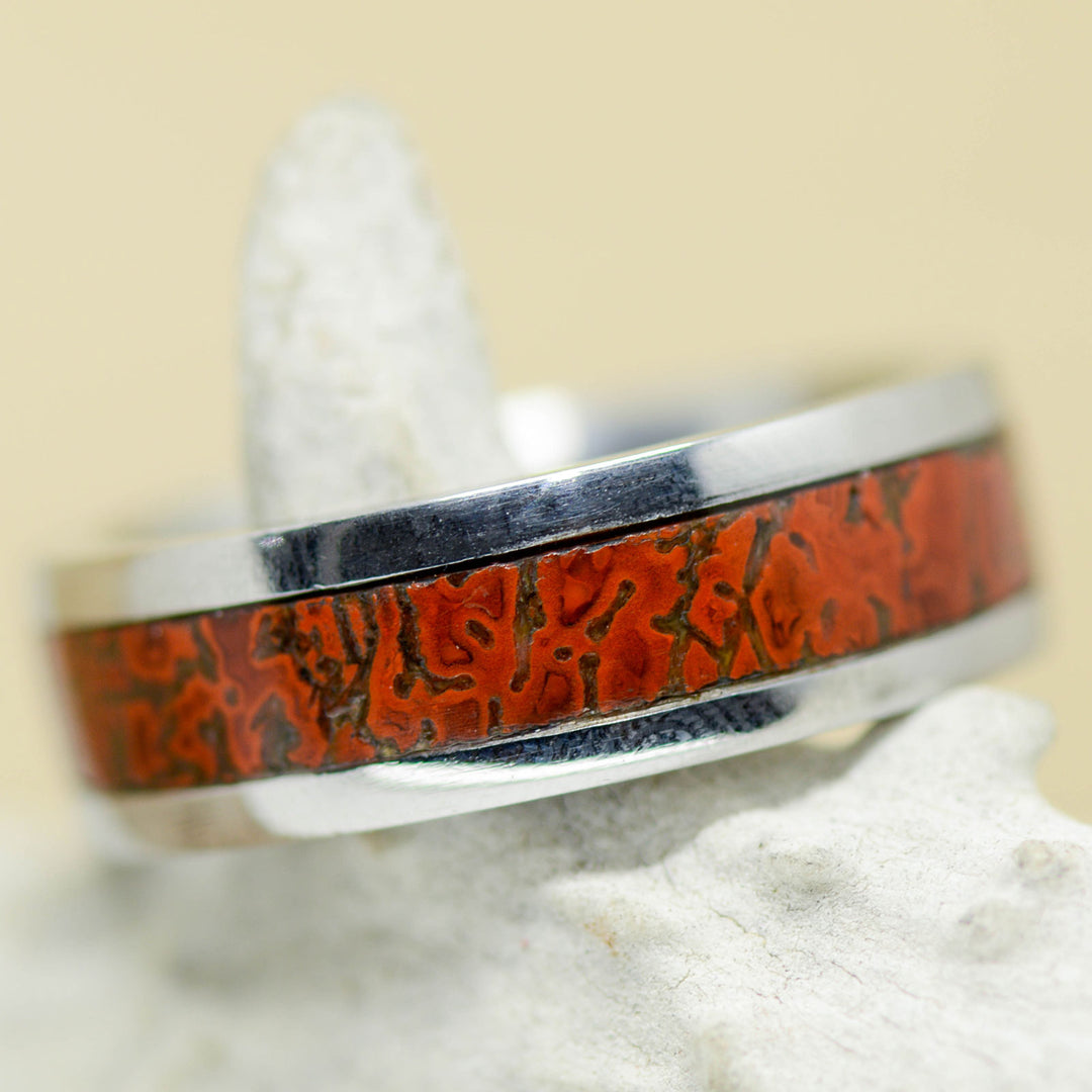 Fossilized Red Dinosaur Bone Channel Ring