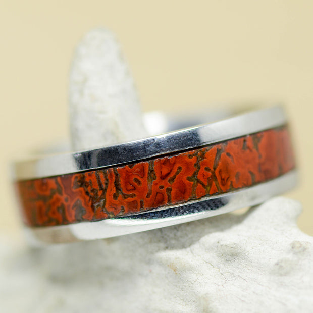 Fossilized Red Dinosaur Bone Channel Ring