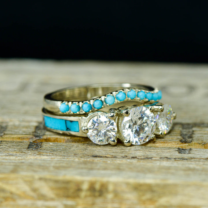 White Gold, 3 Diamonds, Turquoise, Stacking Band