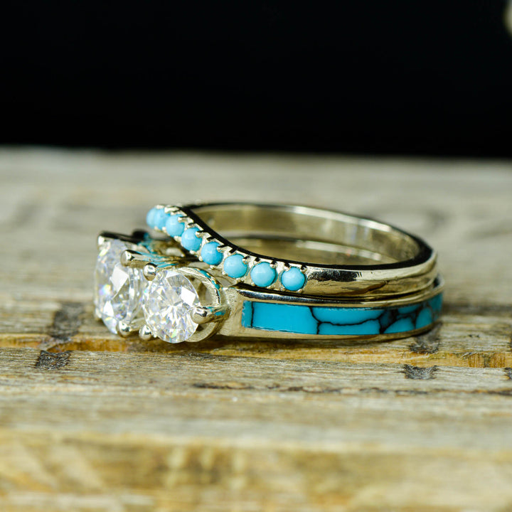 White Gold, 3 Diamonds, Turquoise, Stacking Band