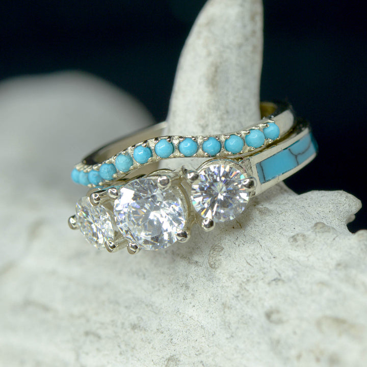 White Gold, 3 Diamonds, Turquoise, Stacking Band