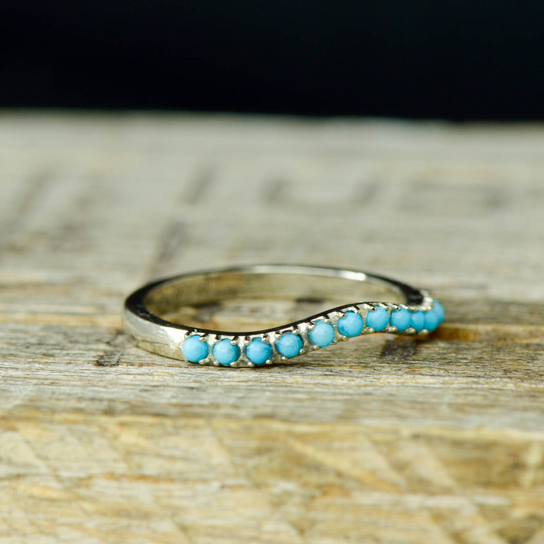 White Gold, 3 Diamonds, Turquoise, Stacking Band